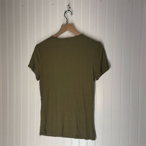 Bebe Olive Green Ribbed Rhinestone Logo Tee Shirt Top L Y2K Glam Stretch Bling - Picture 2 of 8